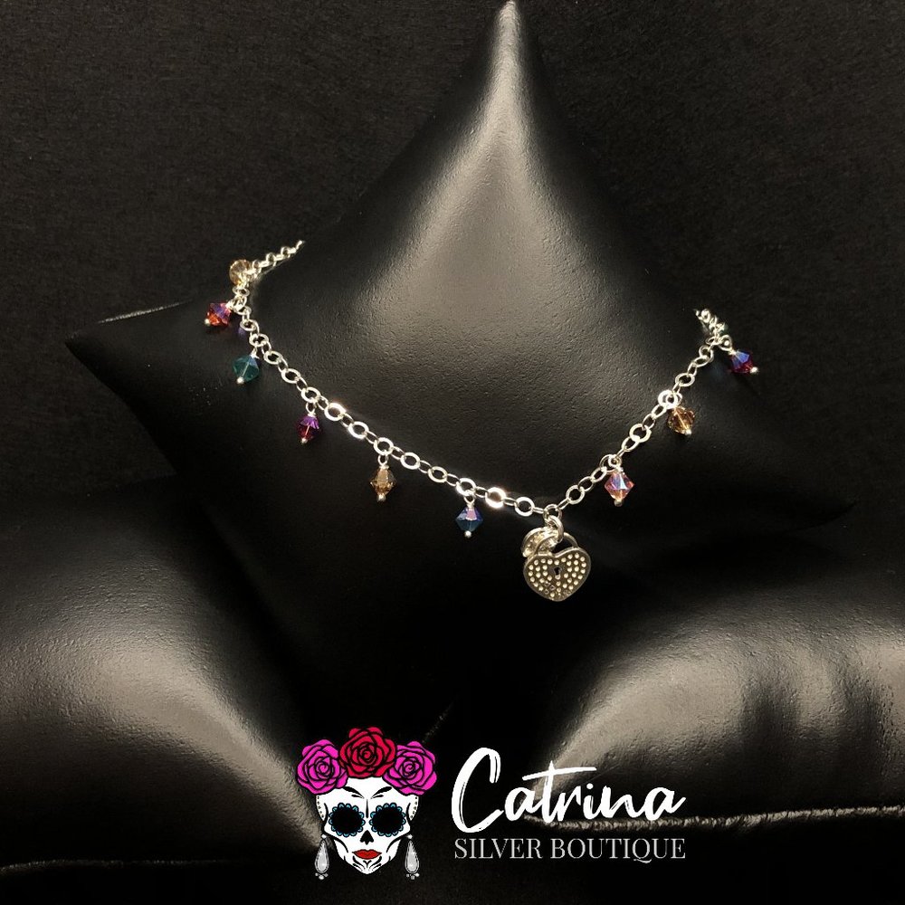 925 Sterling Silver Heart Lock & Crystals Anklet